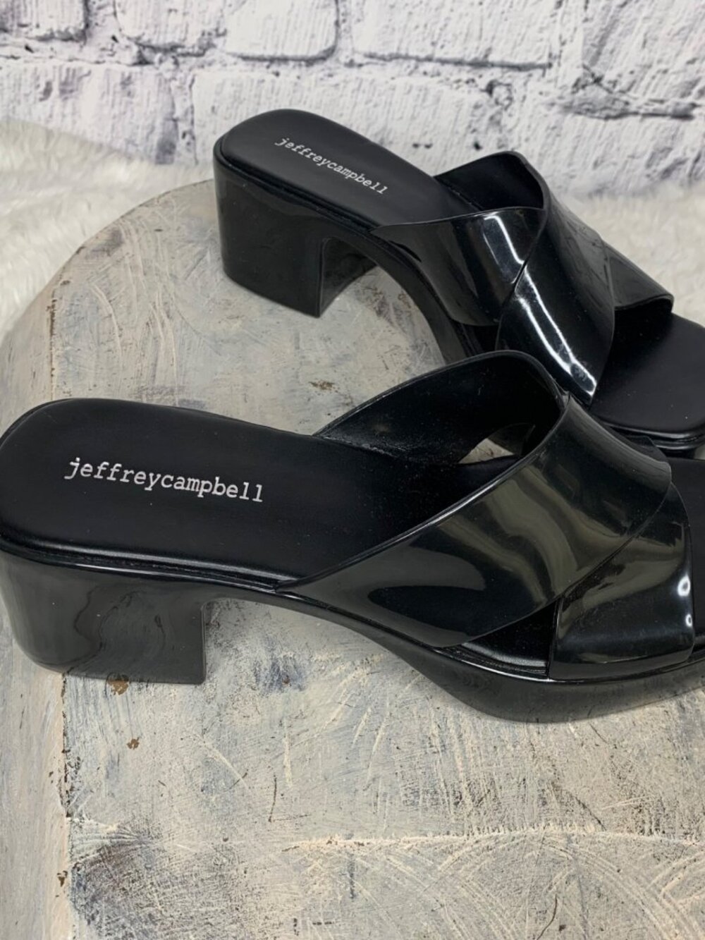 Jeffrey Campbell Bubblegum Platform Sandals Womens 8 Black Patent Chunky Heels